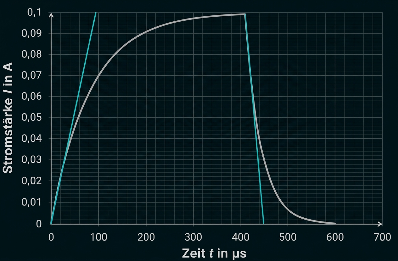 Diagramm: Stromstärke I in A gegen Zeit t in µs mit linearem An-/Abfall (türkis) und exponentieller Entlade-/Ladekurve (grau)